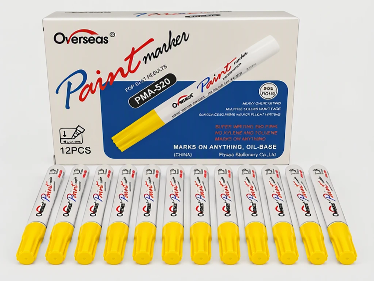 بسته ۱۲ عددی ماژیک روغنی صنعتی اورسیس Overseas مدل PMA-520 رنگ زرد